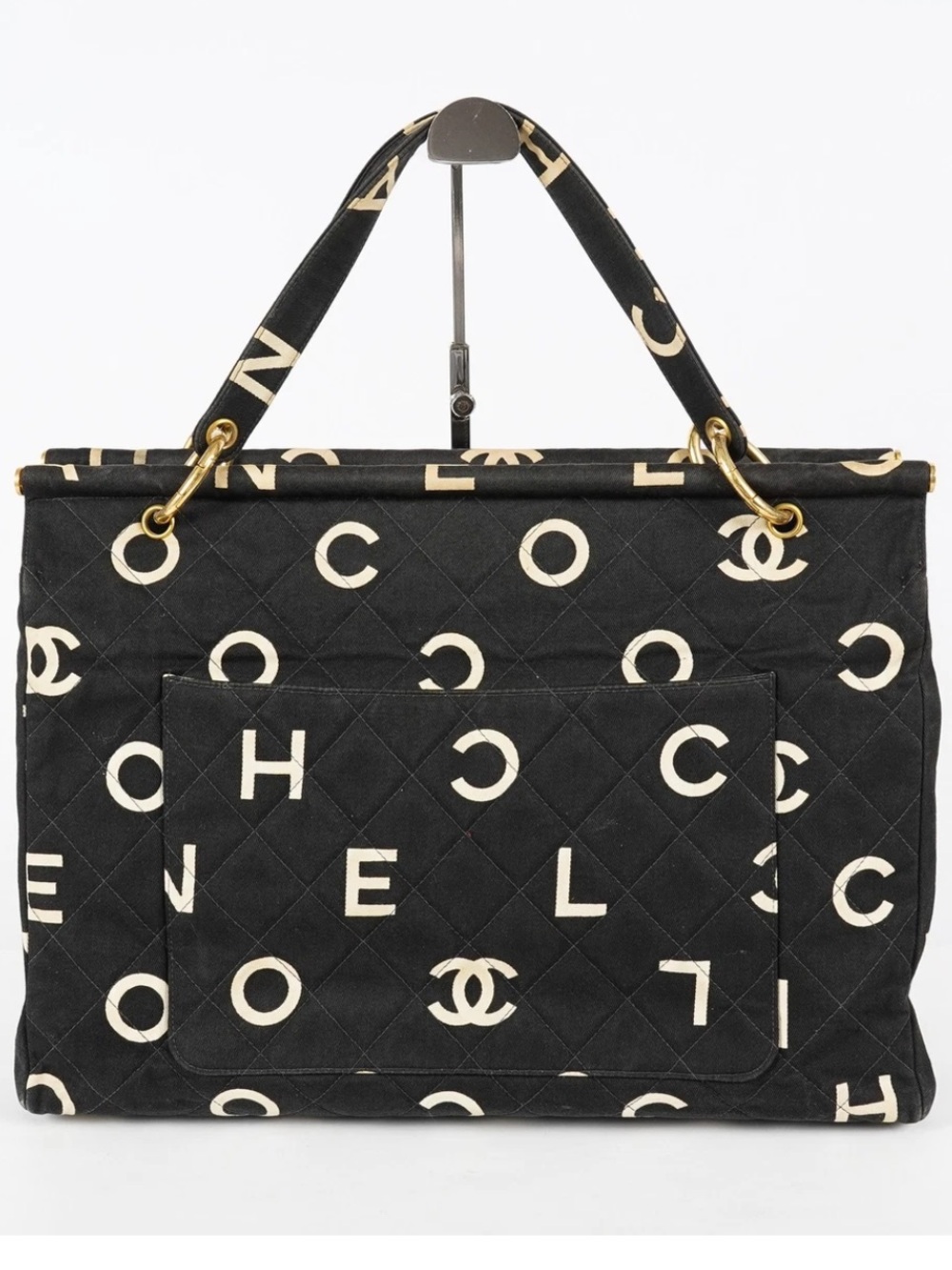 CHANEL Vintage Black & Ivory Logo Quilted Tote Bag GHW